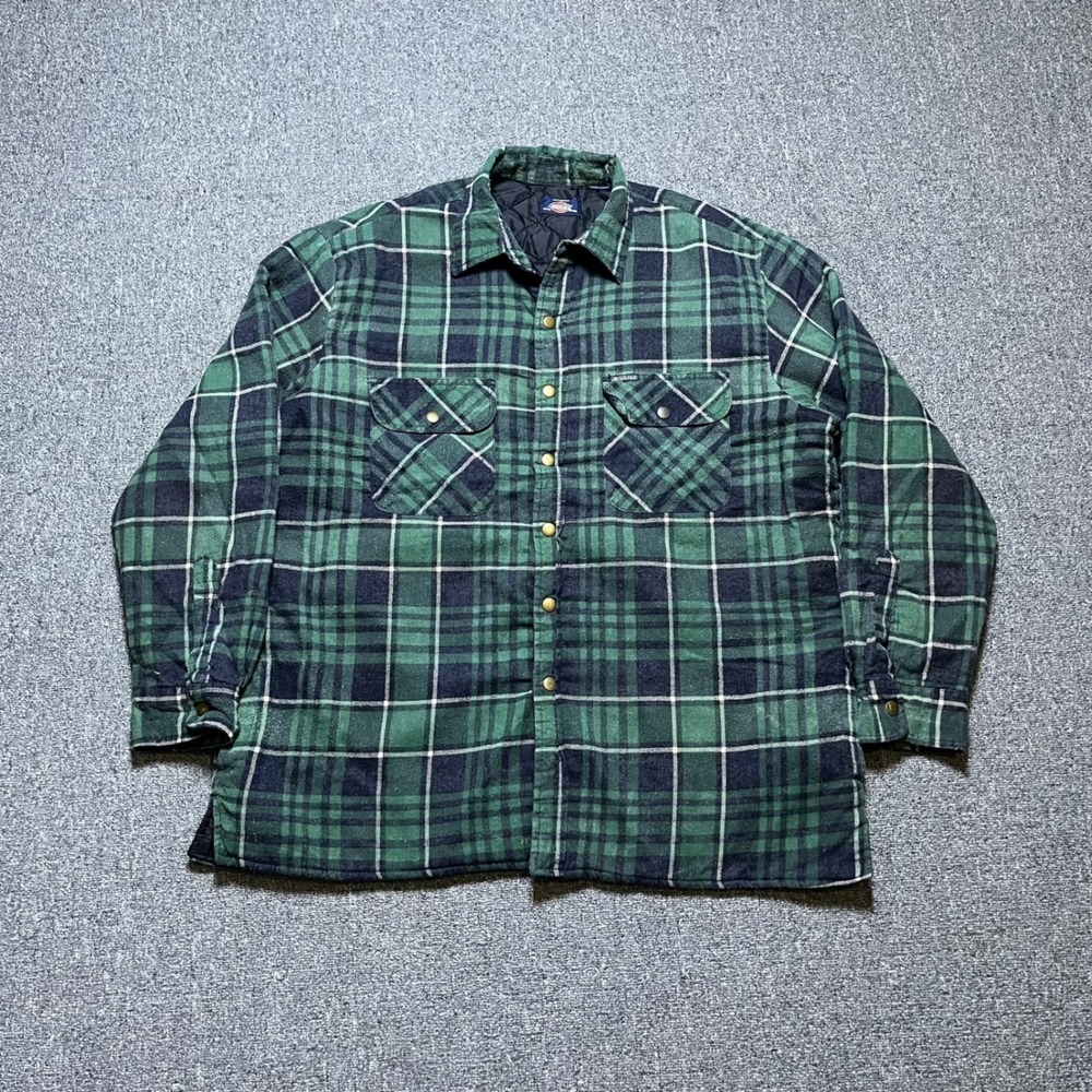 Dickies Quilted Flannel Jacket Green Plaid Snap‎ Front Workwear Insulated